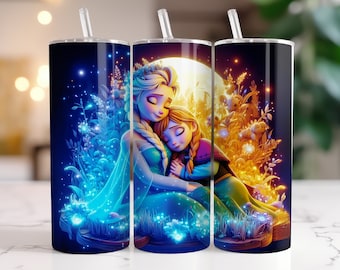 Elsa and Anna Frozen Tumbler Wrap PNG, 20 oz Watercolor Splash Digital Design - High Resolution - Instant Digital PNG Download