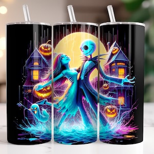 Jack and Sally Tumbler Wrap PNG, 20 oz Watercolor Splash Digital Design - High Resolution - Instant Digital PNG Download