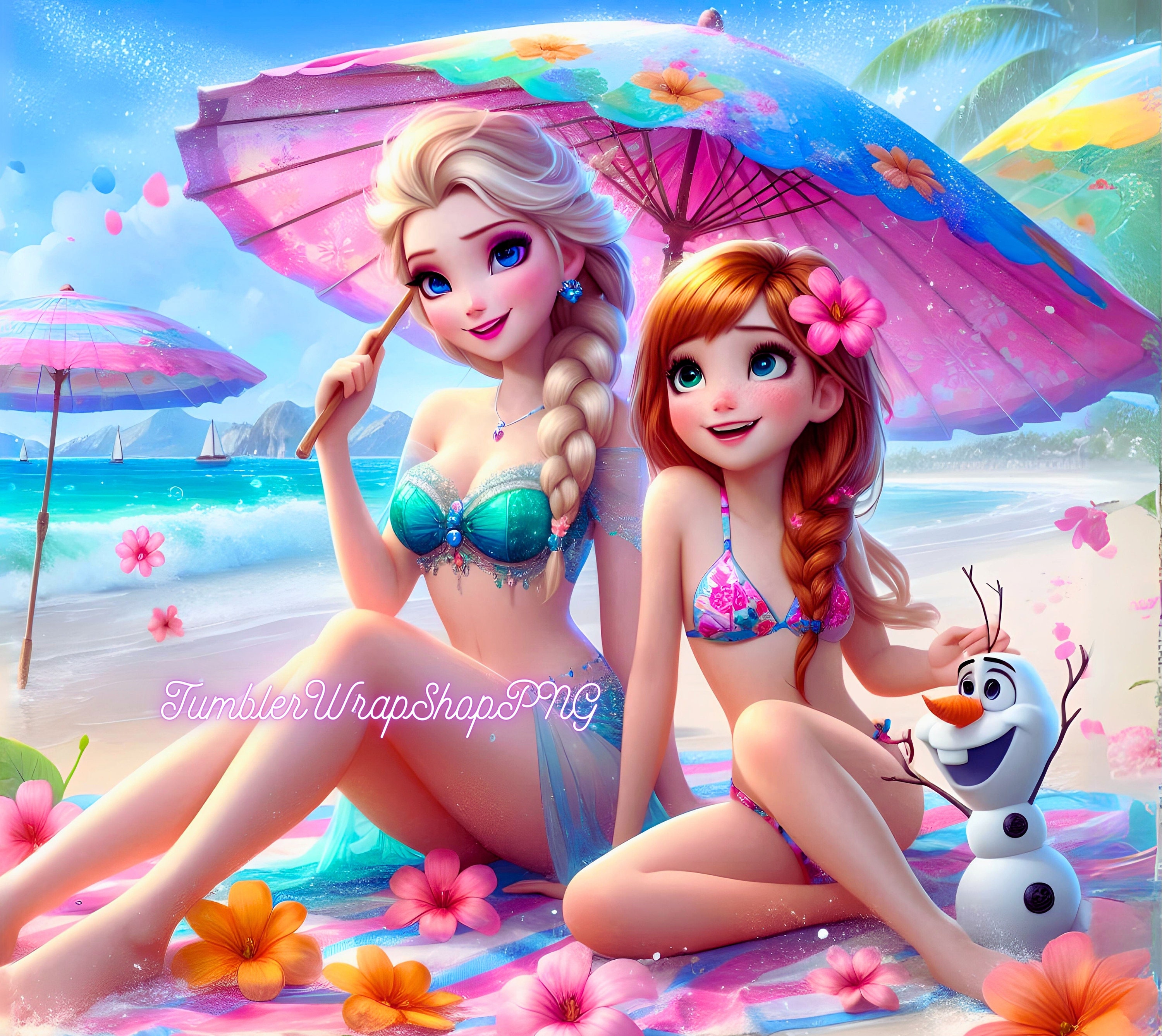 Elsa and Anna Sunbathing on the Beach Frozen Tumbler Wrap PNG, 20