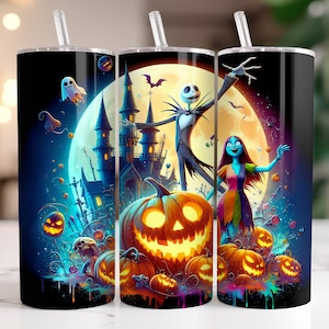 Jack and Sally Tumbler Wrap PNG, 20 oz Watercolor Splash Digital Design - High Resolution - Instant Digital PNG Download