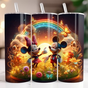 May include: Three stainless steel tumblers with a colorful illustration of Mickey and Minnie Mouse in a whimsical setting with a rainbow, butterflies, and flowers.