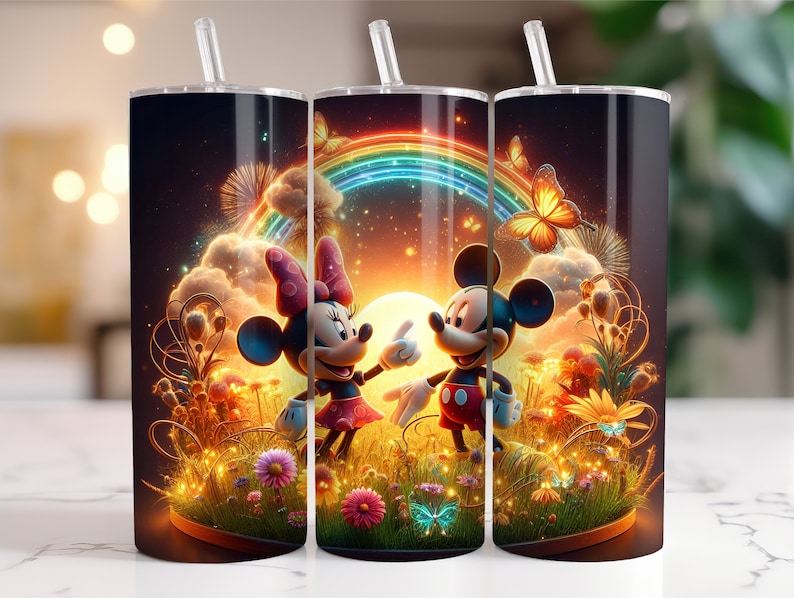 May include: Three stainless steel tumblers with a colorful illustration of Mickey and Minnie Mouse in a whimsical setting with a rainbow, butterflies, and flowers.