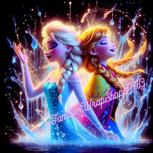 Puede incluir: Dos princesas Disney animadas, Elsa y Anna, se encuentran de espaldas en una escena m&aacute;gica. Est&aacute;n rodeadas de agua azul brillante y luz. Elsa lleva un vestido azul y Anna lleva un vestido amarillo y rojo.