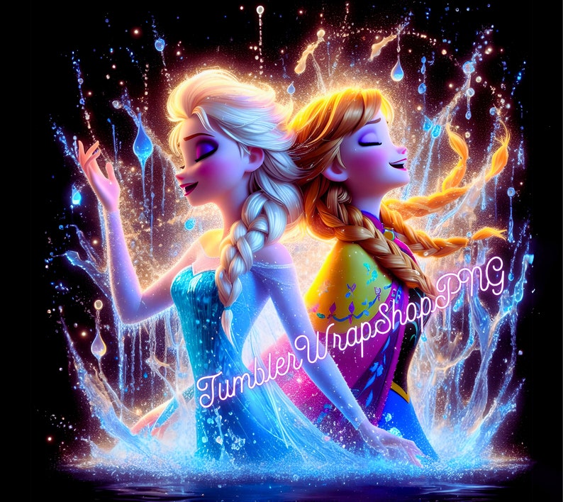 Puede incluir: Dos princesas Disney animadas, Elsa y Anna, se encuentran de espaldas en una escena m&aacute;gica. Est&aacute;n rodeadas de agua azul brillante y luz. Elsa lleva un vestido azul y Anna lleva un vestido amarillo y rojo.