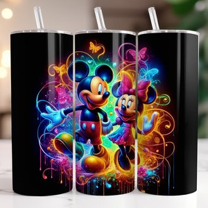 May include: Three black and stainless steel tumblers with a colorful design featuring Mickey Mouse and Minnie Mouse. The design includes colorful swirls, butterflies, and drips of paint.