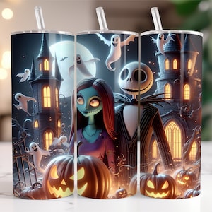 Jack and Sally Tumbler Wrap PNG, 20 oz Watercolor Splash Digital Design - High Resolution - Instant Digital PNG Download