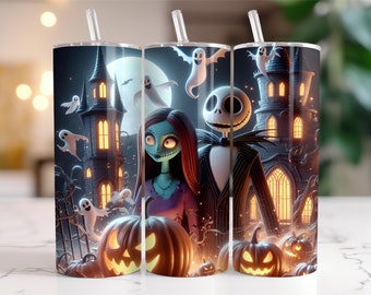 Jack y Sally Tumbler Wrap PNG, Diseño digital de salpicaduras de acuarela de 20 oz, Alta resolución, Descarga digital instantánea PNG