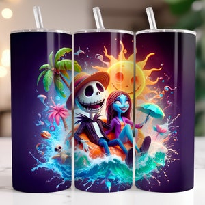 Jack and Sally Tumbler Wrap PNG, 20 oz Watercolor Splash Digital Design - High Resolution - Instant Digital PNG Download