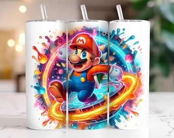 Super Mario Tumbler Wrap PNG, Diseño digital de salpicaduras de acuarela de 20 oz, Alta resolución, Descarga digital PNG instantánea