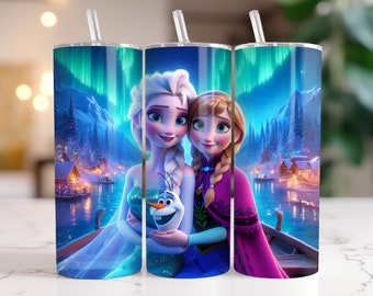 Elsa and Anna Frozen Tumbler Wrap PNG, 20 oz Watercolor Splash Digital Design - High Resolution - Instant Digital PNG Download