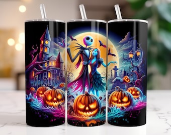 Jack et Sally Tumbler Wrap PNG, 20 oz aquarelle Splash Design numérique - haute résolution - téléchargement PNG numérique instantané