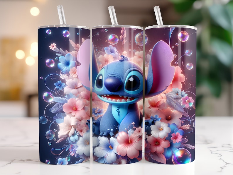 May include: A blue and purple Stitch character from the Disney movie Lilo & Stitch is surrounded by pink, white, and blue flowers. The background is a dark blue with white bubbles.