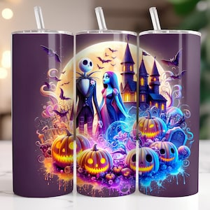 Jack and Sally Tumbler Wrap PNG, 20 oz Watercolor Splash Digital Design - High Resolution - Instant Digital PNG Download
