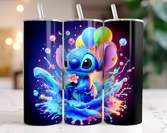 Stitch Tumbler Wrap PNG, 20 oz Watercolor Splash Digital Design - High Resolution - Instant Digital PNG Download