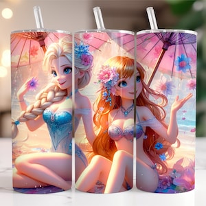Elsa and Anna Frozen Tumbler Wrap PNG, 20 oz Watercolor Splash Digital Design - High Resolution - Instant Digital PNG Download