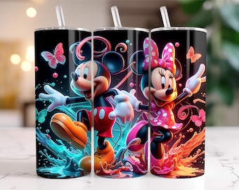 2 PNG Mickey Mouse i Minnie Tumbler Wrap PNG, 20 oz Watercolor Splash Digital Design - Wysoka rozdzielczość - Natychmiastowe pobieranie cyfrowego PNG