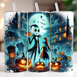 Jack and Sally Tumbler Wrap PNG, 20 oz Watercolor Splash Digital Design - High Resolution - Instant Digital PNG Download