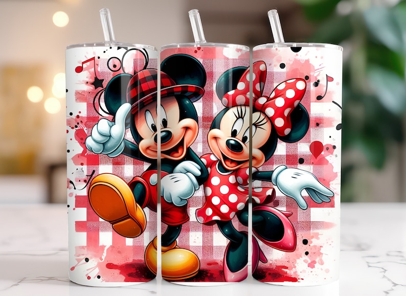 May include: Three white tumblers with red and white checkered backgrounds and images of Mickey Mouse and Minnie Mouse. Mickey Mouse is wearing a red and black hat and Minnie Mouse is wearing a red bow.