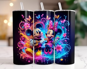 Opakowanie na kubek z motywem Myszki Miki i Myszki Minnie w formacie PNG, 20 oz. Akwarela Splash, projekt cyfrowy — wysoka rozdzielczość — natychmiastowe pobieranie cyfrowego pliku PNG