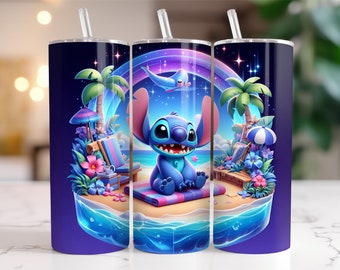 Stitch Tumbler Wrap PNG, 20 oz Watercolor Splash Digital Design - High Resolution - Instant Digital PNG Download