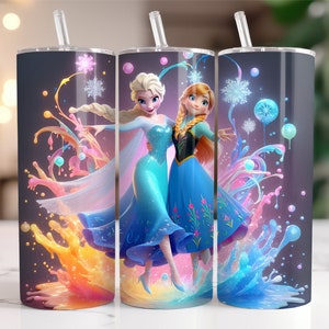Elsa and Anna Frozen Tumbler Wrap PNG, 20 oz Watercolor Splash Digital Design - High Resolution - Instant Digital PNG Download