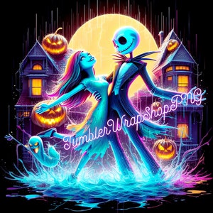 Puede incluir: Ilustraci&oacute;n digital de Jack Skellington y Sally de Pesadilla antes de Navidad bailando frente a una luna llena. La imagen presenta una casa espeluznante, calabazas y un fantasma, todo en colores ne&oacute;n vibrantes.