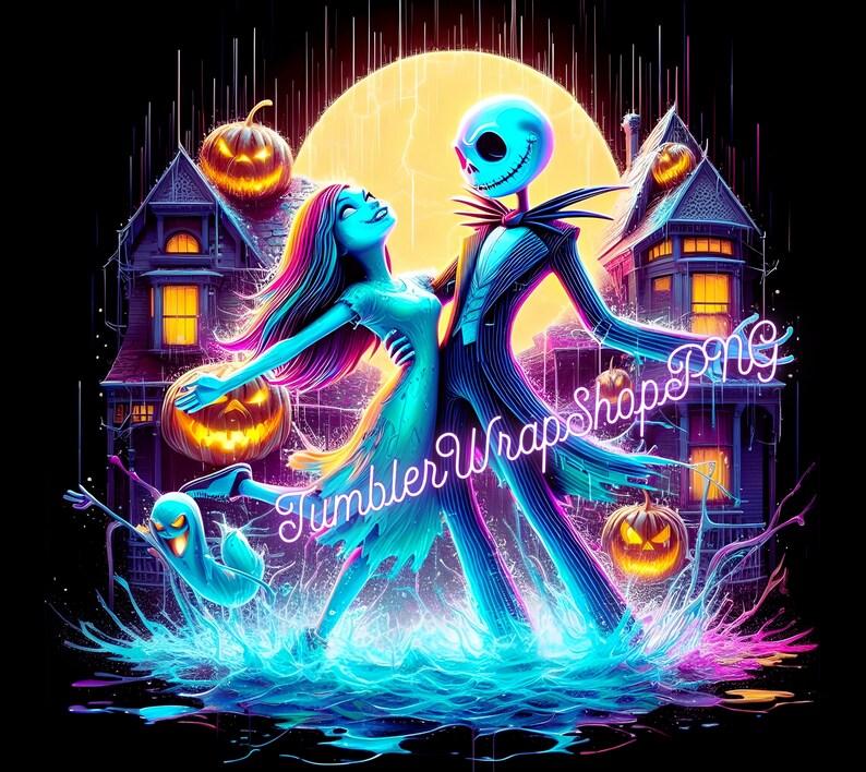 Puede incluir: Ilustraci&oacute;n digital de Jack Skellington y Sally de Pesadilla antes de Navidad bailando frente a una luna llena. La imagen presenta una casa espeluznante, calabazas y un fantasma, todo en colores ne&oacute;n vibrantes.