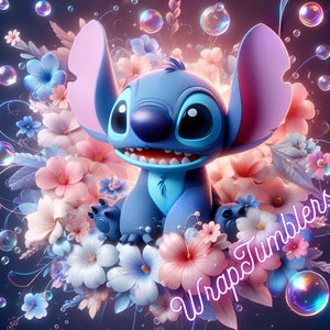 May include: A blue Stitch character from the Disney movie Lilo & Stitch surrounded by pink, white, and blue flowers. The text "Wrap Tumblers" is written in pink on the image.