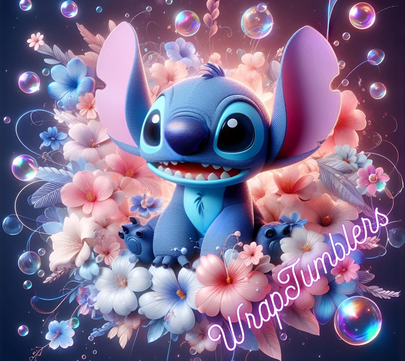 May include: A blue Stitch character from the Disney movie Lilo & Stitch surrounded by pink, white, and blue flowers. The text "Wrap Tumblers" is written in pink on the image.