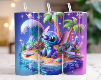 Stitch Tumbler Wrap PNG, 20 oz Watercolor Splash Digital Design - High Resolution - Instant Digital PNG Download