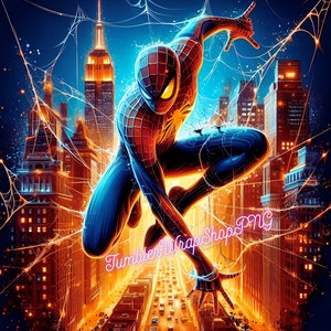 May include: A digital illustration of Spider-Man swinging through a city skyline. The image is set against a backdrop of a web-like pattern, with the Empire State Building visible in the background. The superhero is depicted in a dynamic pose, with his red and blue suit and mask.
