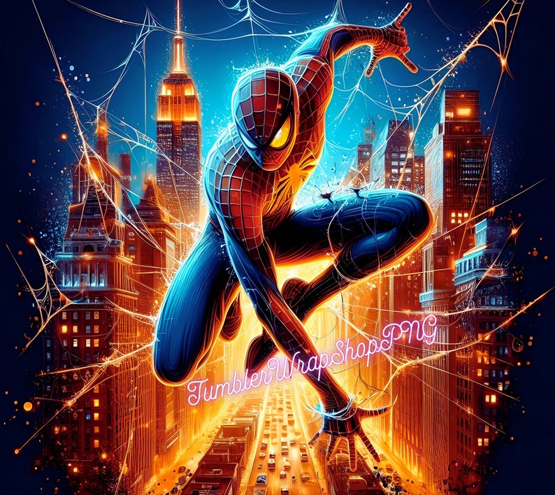 May include: A digital illustration of Spider-Man swinging through a city skyline. The image is set against a backdrop of a web-like pattern, with the Empire State Building visible in the background. The superhero is depicted in a dynamic pose, with his red and blue suit and mask.