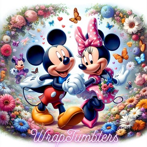 May include: Mickey Mouse and Minnie Mouse are holding hands and walking through a field of colourful flowers. They are both smiling and looking at each other. The background is a lush green forest with a blue sky.