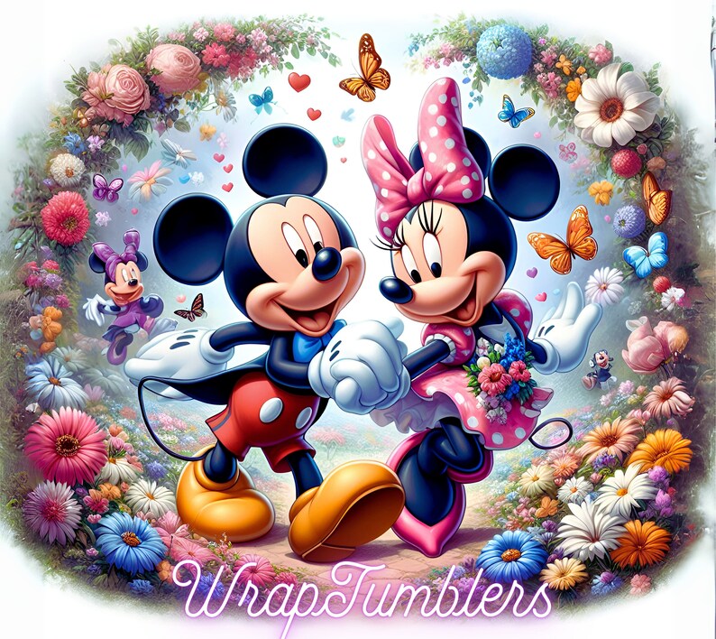 May include: Mickey Mouse and Minnie Mouse are holding hands and walking through a field of colourful flowers. They are both smiling and looking at each other. The background is a lush green forest with a blue sky.