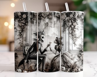 Jack y Sally Tumbler Wrap PNG, Diseño digital de salpicaduras de acuarela de 20 oz, Alta resolución, Descarga digital instantánea PNG