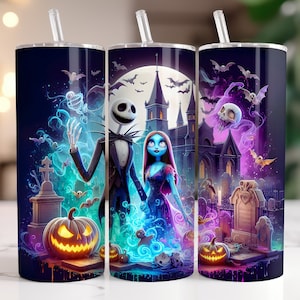 Jack and Sally Tumbler Wrap PNG, 20 oz Watercolor Splash Digital Design - High Resolution - Instant Digital PNG Download