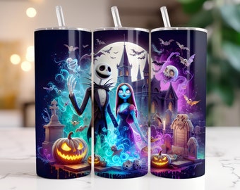 Jack et Sally Tumbler Wrap PNG, 20 oz aquarelle Splash Design numérique - haute résolution - téléchargement PNG numérique instantané