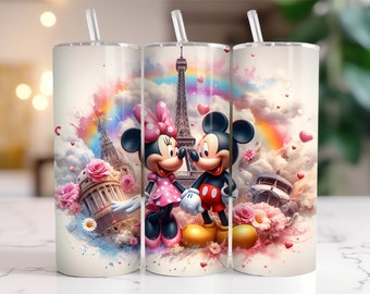 Mickey Mouse and Minnie Tumbler Wrap PNG, 20 oz Watercolor Splash Digital Design - High Resolution - Instant Digital PNG Download