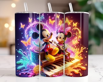 Opakowanie na kubek z motywem Myszki Miki i Myszki Minnie w formacie PNG, 20 oz. Akwarela Splash, projekt cyfrowy — wysoka rozdzielczość — natychmiastowe pobieranie cyfrowego pliku PNG