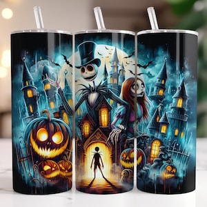 Jack and Sally Tumbler Wrap PNG, 20 oz Watercolor Splash Digital Design - High Resolution - Instant Digital PNG Download