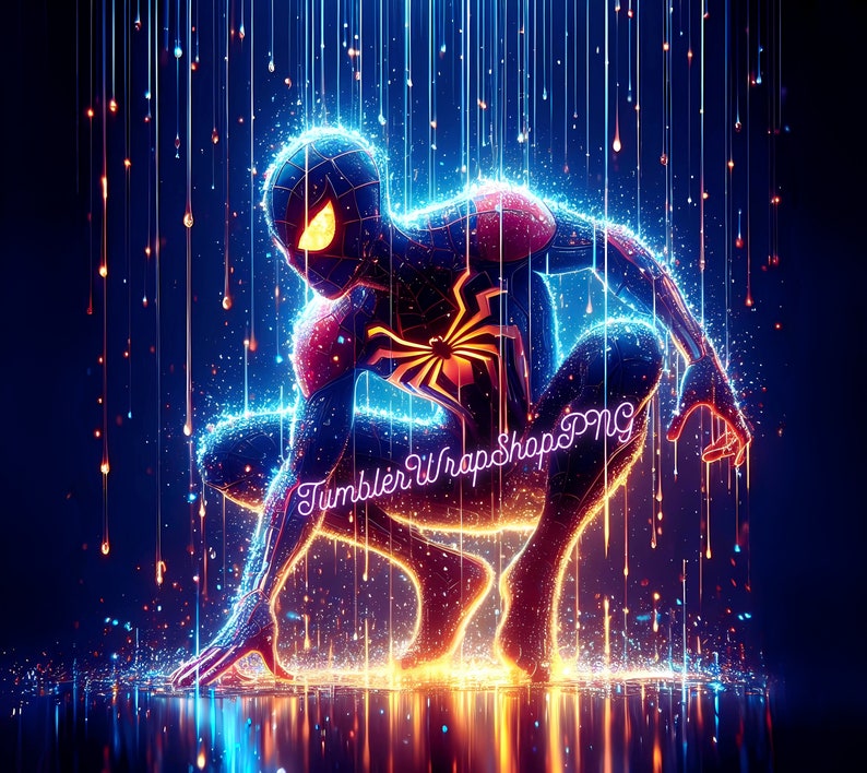 Puede incluir: Una ilustraci&oacute;n digital de un superh&eacute;roe con un traje rojo y azul con un s&iacute;mbolo de ara&ntilde;a en el pecho. El superh&eacute;roe est&aacute; de pie en una luz brillante con rayas azules y naranjas. El texto "Tumbler Wrap Shop PNG" es visible en la imagen.