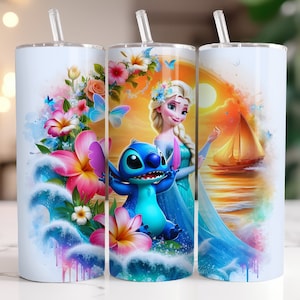 Elsa and Stitch Frozen Tumbler Wrap PNG, 20 oz Watercolor Splash Digital Design - High Resolution - Instant Digital PNG Download