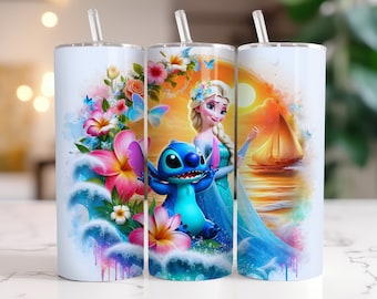 Elsa and Stitch Frozen Tumbler Wrap PNG, 20 oz Watercolor Splash Digital Design - High Resolution - Instant Digital PNG Download