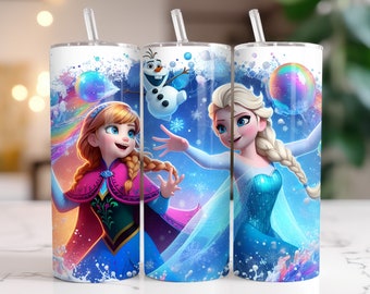 Elsa and Anna Frozen Tumbler Wrap PNG, 20 oz Watercolor Splash Digital Design - High Resolution - Instant Digital PNG Download
