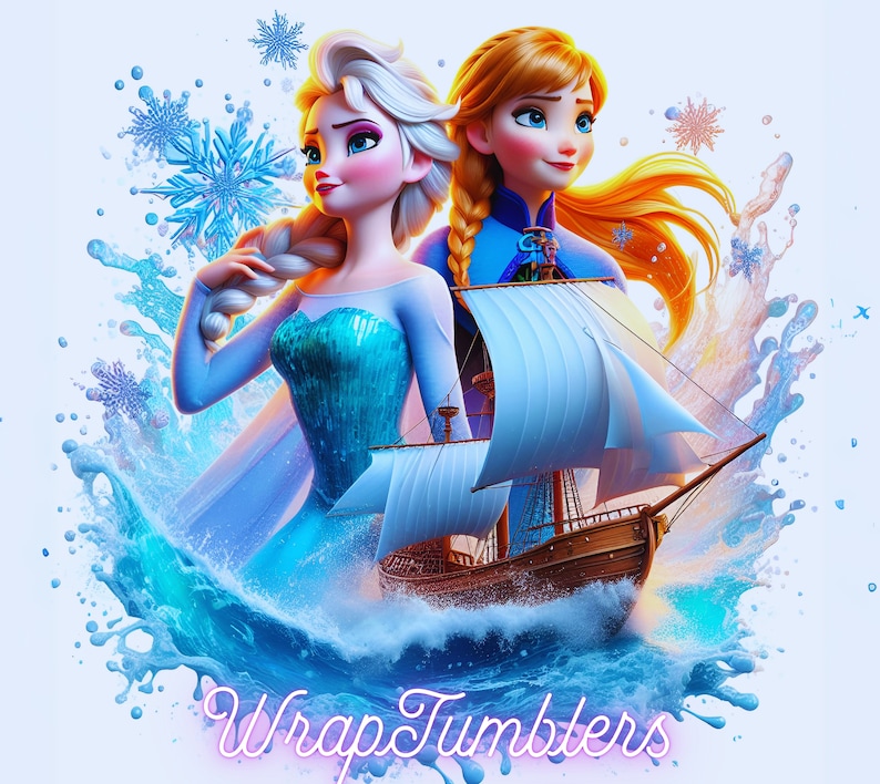 以下が含まれることがあります： 映画「アナと雪の女王」のキャラクター、エルサとアナが、白い帆船のある青い海の波の上に立っています。背景は、雪片が散りばめられた青と白の水彩画のようなデザインです。画像の下部にはピンク色の文字で「Wrap Tumblers」と書いてあります。