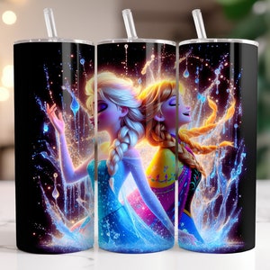 Elsa and Anna Frozen Tumbler Wrap PNG, 20 oz Watercolor Splash Digital Design - High Resolution - Instant Digital PNG Download