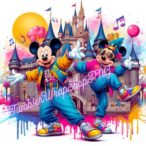 May include: A colourful digital illustration of Mickey and Minnie Mouse in 80s-style outfits, set against a castle backdrop. The image includes musical notes, a pink balloon, and graffiti-style paint drips. Text reads "Tumbler Wrap Shop PNG".