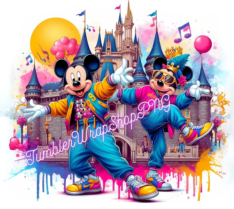 May include: A colourful digital illustration of Mickey and Minnie Mouse in 80s-style outfits, set against a castle backdrop. The image includes musical notes, a pink balloon, and graffiti-style paint drips. Text reads "Tumbler Wrap Shop PNG".