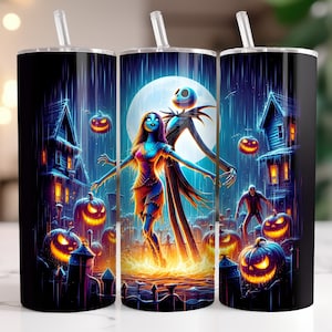 Jack and Sally Tumbler Wrap PNG, 20 oz Watercolor Splash Digital Design - High Resolution - Instant Digital PNG Download
