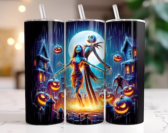 Jack and Sally Tumbler Wrap PNG, 20 oz Watercolor Splash Digital Design - High Resolution - Instant Digital PNG Download